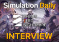Artwork for Chaos Zero Nightmare interview on Simulation Daily featuring anime-style characters in combat poses, arranged around a glowing center with dramatic purple, red, and black tones.