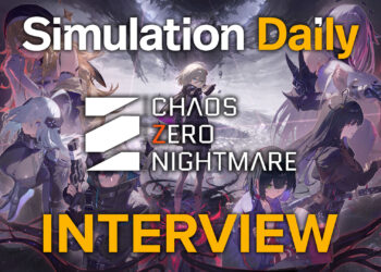 Artwork for Chaos Zero Nightmare interview on Simulation Daily featuring anime-style characters in combat poses, arranged around a glowing center with dramatic purple, red, and black tones.