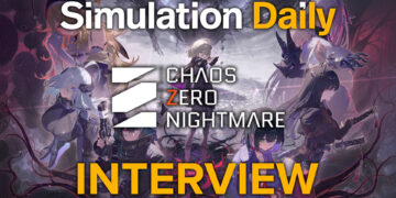 Artwork for Chaos Zero Nightmare interview on Simulation Daily featuring anime-style characters in combat poses, arranged around a glowing center with dramatic purple, red, and black tones.