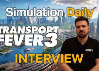 Transport Fever 3 Interview hero featuring key art, logo and picture of Urban Games Publishing Manager Nicolas Heini