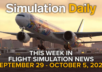 This Flight Simulation News Episode 24 Hero Image with Boeing 777 by PMDG in Sanryo livery taking off in Microsoft Flight Simulator 2024, Simulation Daily Logo, and title