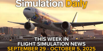 This Flight Simulation News Episode 24 Hero Image with Boeing 777 by PMDG in Sanryo livery taking off in Microsoft Flight Simulator 2024, Simulation Daily Logo, and title