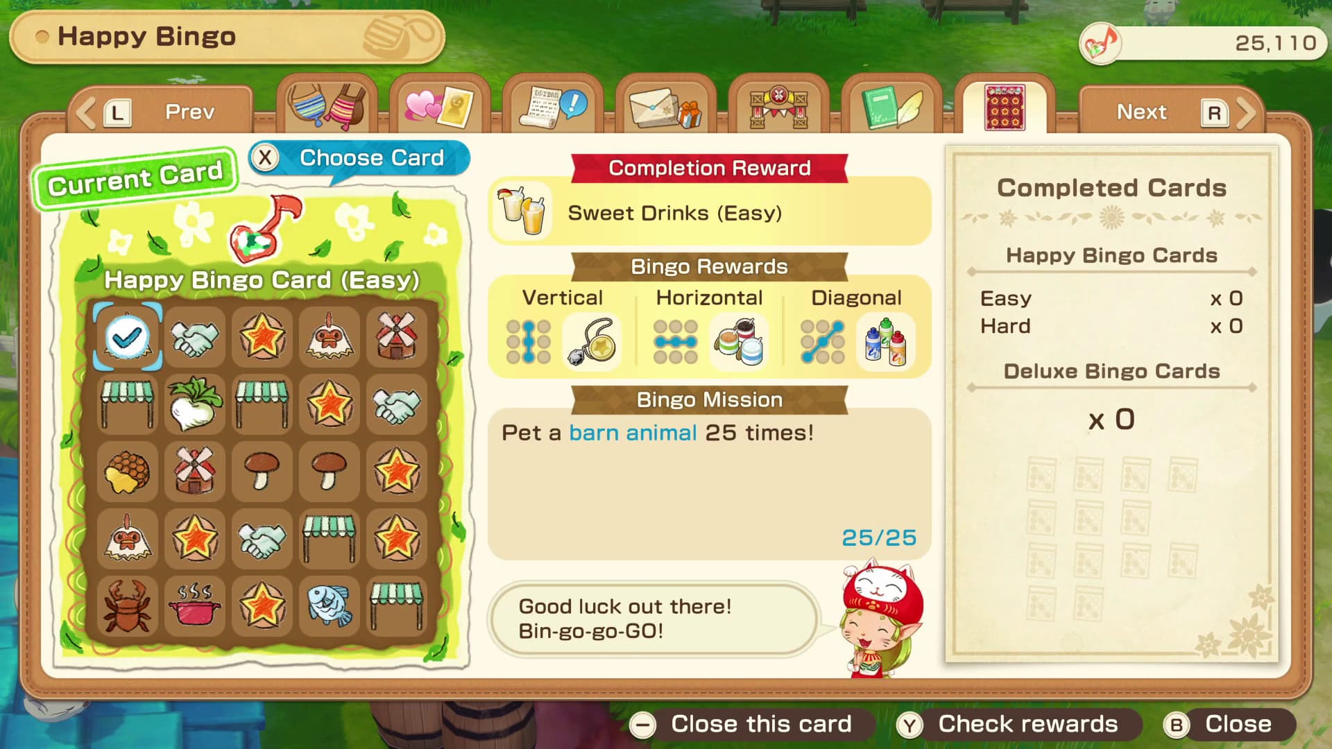 Story of Seasons Grand Bazaar bingo overview screen