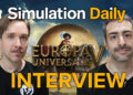 Featured image for Europa Universalis V interview at Tokyo Game Show 2025 featuring 3D Character Artist Stefan Vonboe Lang and Content Designer Roger Corominas, presented by Simulation Daily with historical battle backdrop and golden logo from the game.