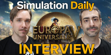 Featured image for Europa Universalis V interview at Tokyo Game Show 2025 featuring 3D Character Artist Stefan Vonboe Lang and Content Designer Roger Corominas, presented by Simulation Daily with historical battle backdrop and golden logo from the game.
