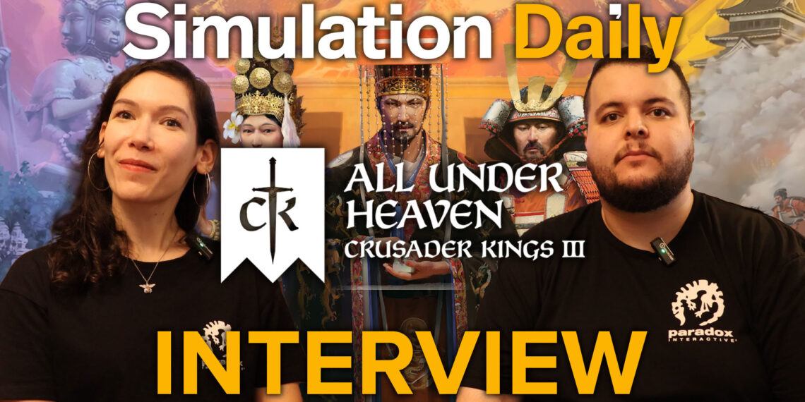 Crusader Kings 3 All Under Heaven interview at Tokyo Game Show 2025 featuring Paradox Interactive Producer Maria-Lucia Dzediti and QA Lead Riad Deneche, with East Asian historical artwork backdrop and Simulation Daily branding.