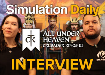 Crusader Kings 3 All Under Heaven interview at Tokyo Game Show 2025 featuring Paradox Interactive Producer Maria-Lucia Dzediti and QA Lead Riad Deneche, with East Asian historical artwork backdrop and Simulation Daily branding.