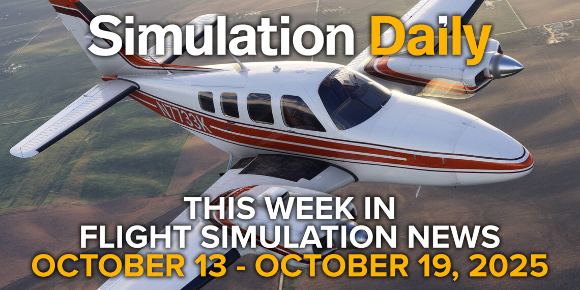 Promotional graphic for Simulation Daily featuring the Beechcraft Baron Professional by Black Square in Microsoft Flight Simulator. The aircraft, painted in red and white with registration N7138X, flies over a detailed landscape of fields under clear skies. Text overlay highlights flight simulation news for October 13–19, 2025.