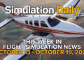 Promotional graphic for Simulation Daily featuring the Beechcraft Baron Professional by Black Square in Microsoft Flight Simulator. The aircraft, painted in red and white with registration N7138X, flies over a detailed landscape of fields under clear skies. Text overlay highlights flight simulation news for October 13–19, 2025.