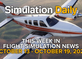 Promotional graphic for Simulation Daily featuring the Beechcraft Baron Professional by Black Square in Microsoft Flight Simulator. The aircraft, painted in red and white with registration N7138X, flies over a detailed landscape of fields under clear skies. Text overlay highlights flight simulation news for October 13–19, 2025.