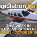 Promotional graphic for Simulation Daily featuring the Beechcraft Baron Professional by Black Square in Microsoft Flight Simulator. The aircraft, painted in red and white with registration N7138X, flies over a detailed landscape of fields under clear skies. Text overlay highlights flight simulation news for October 13–19, 2025.