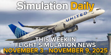 A Boeing 757 by BlueBird Simulation climbs above an airport in Microsoft Flight Simulator 2024, featured in the November 3 - November 9, 2025 edition of Simulation Daily’s Weekly Flight Simulation News.