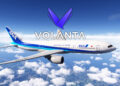 A Boeing 777-200 by PMDG flying over Japan in Microsoft Flight Simulator 2024 with Volanta logo