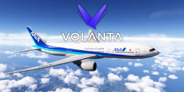 A Boeing 777-200 by PMDG flying over Japan in Microsoft Flight Simulator 2024 with Volanta logo
