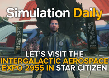 Player visiting the Intergalactic Aerospace Expo 2055 in Star Citizen with Simulation Daily Logo and Title