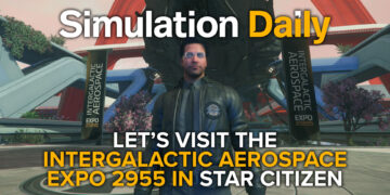 Player visiting the Intergalactic Aerospace Expo 2055 in Star Citizen with Simulation Daily Logo and Title