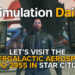 Player visiting the Intergalactic Aerospace Expo 2055 in Star Citizen with Simulation Daily Logo and Title