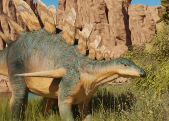 Jurassic World Evolution 3 Kentrosaurus by a bush