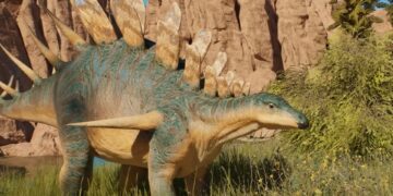 Jurassic World Evolution 3 Kentrosaurus by a bush