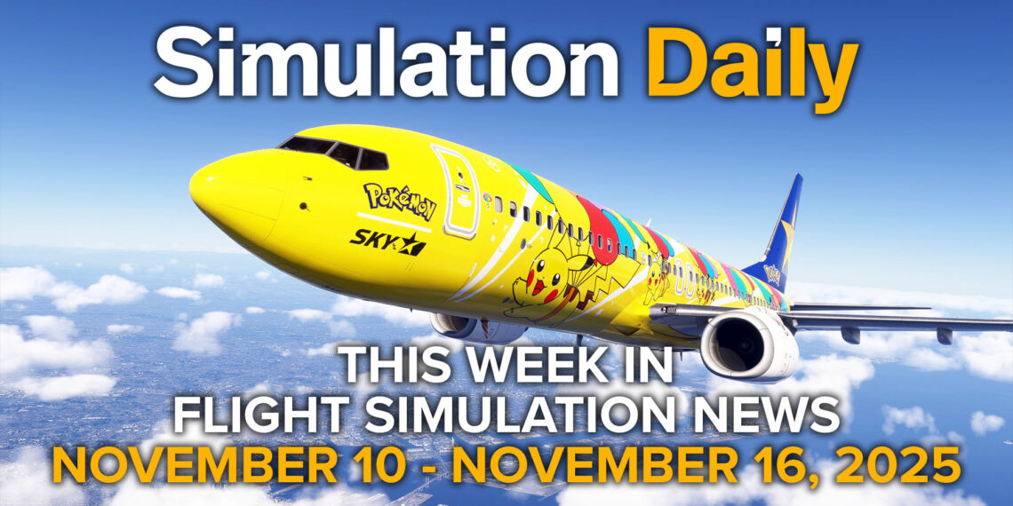A Boeing 737-800 by PMDG in Skymark Pokemon livery climbs above Yokohama, Japan in Microsoft Flight Simulator 2024, featured in the November 10 - November 16, 2025 edition of Simulation Daily’s Weekly Flight Simulation News.