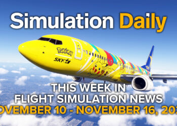 A Boeing 737-800 by PMDG in Skymark Pokemon livery climbs above Yokohama, Japan in Microsoft Flight Simulator 2024, featured in the November 10 - November 16, 2025 edition of Simulation Daily’s Weekly Flight Simulation News.