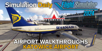Ryanair Boeing 737 parked at Katowice Airport by Drzewiecki Design in Microsoft Flight Simyuklator 2024 with logos and title.