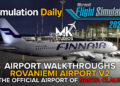 Finnair Airbus A320 parked at a gate in Rovaniemi Airport in Microsoft Flight Simulator 2024 with title, Simulation Daily, MSFS 2024, and MK Studios logos