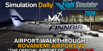 Finnair Airbus A320 parked at a gate in Rovaniemi Airport in Microsoft Flight Simulator 2024 with title, Simulation Daily, MSFS 2024, and MK Studios logos