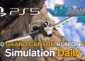 An A-10 Thunderbolt 2 attack jet flying close to the rocks in the Grand Canyon in Microsoft Flight Simulator 2024 on PS5, with PS5, Simulation Daily, and MSFS 2024 logos and "A-10 Grand Canyon Run on PS5" title.
