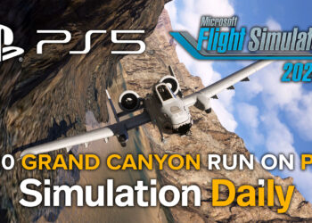 An A-10 Thunderbolt 2 attack jet flying close to the rocks in the Grand Canyon in Microsoft Flight Simulator 2024 on PS5, with PS5, Simulation Daily, and MSFS 2024 logos and "A-10 Grand Canyon Run on PS5" title.