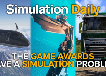 Imagery representng The Game Awards trophy, an Airbus A320 in Microsoft Flight Simulator 2024 and a DAF truck in Euro Truck Simulator 2, with Simulation Daily logo and "The Game Awards have a Simulationn Problem" title