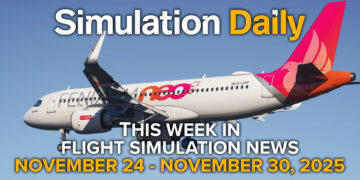 An airbus A320neo by Fenix Simulations in Microsoft Flight Simulator 2024 with Simulation Daily Logo and "This Week in Flight Simulation News November 24 - November 30, 2025" title