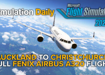 An Airbus A320 by Fenix Simulations in Air New Zealand livery in Microsoft Flight Simulator 2024 flying over Mount Taranaki in New Zealand with MSFS 2024, Simulation Daily, and "Auckland to Christchurch Full Fenix Airbus A320 Flight."