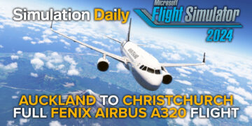 An Airbus A320 by Fenix Simulations in Air New Zealand livery in Microsoft Flight Simulator 2024 flying over Mount Taranaki in New Zealand with MSFS 2024, Simulation Daily, and "Auckland to Christchurch Full Fenix Airbus A320 Flight."