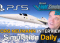 Microsoft Flight Simulator 2024 Jorg Neumann Interview Hero Image with Jorg Neumann, Boom XB-1 flying over mountains, PS5, Microsoft Flight Simulator 2024 and Simulation Daily Logos