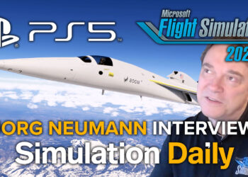 Microsoft Flight Simulator 2024 Jorg Neumann Interview Hero Image with Jorg Neumann, Boom XB-1 flying over mountains, PS5, Microsoft Flight Simulator 2024 and Simulation Daily Logos