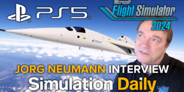 Microsoft Flight Simulator 2024 Jorg Neumann Interview Hero Image with Jorg Neumann, Boom XB-1 flying over mountains, PS5, Microsoft Flight Simulator 2024 and Simulation Daily Logos