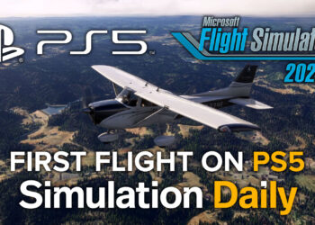 A Cessna 172 flying over Japan on Microsoft Flight Simulator 2024 with PS5 and MSFS 2024 Logos and the title "First Flight on PS5."