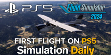 A Cessna 172 flying over Japan on Microsoft Flight Simulator 2024 with PS5 and MSFS 2024 Logos and the title "First Flight on PS5."