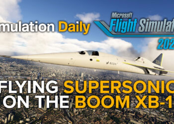 A Boom XB-1 Supersonic Demonstrator flying over London in Microsoft Flight Simulator 2024 with MSFS 2024 and Simulation Daily logos, and "Flying Supersonic on the Boom XB-1" title