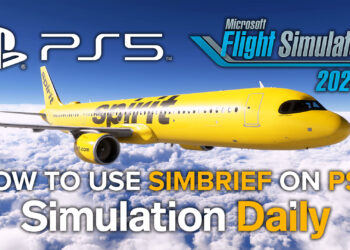An Airbus A321 in Spirit Livery flying over the clouds in Microsoft Flight Simulator 2024 on PS5 with PS5, Simulation Daily, and MSFS 2024 logos and "How to Use SimBrief on PS5" title.