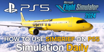 An Airbus A321 in Spirit Livery flying over the clouds in Microsoft Flight Simulator 2024 on PS5 with PS5, Simulation Daily, and MSFS 2024 logos and "How to Use SimBrief on PS5" title.