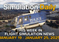 A MBB Bo 105 helicopter with the colors of the New York City Police in Microsoft Flight Simulator 2024 with Simulation Daily logo, dates, and "this Week in Flight Simulation News" tehtehte