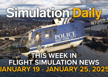 A MBB Bo 105 helicopter with the colors of the New York City Police in Microsoft Flight Simulator 2024 with Simulation Daily logo, dates, and "this Week in Flight Simulation News" tehtehte