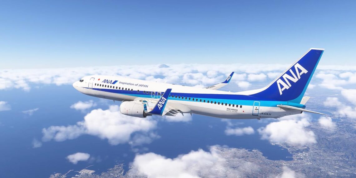 A flight simulation scene: PMDG 737 in Microsoft Flight Simulator 2024