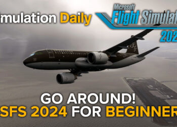 An Airbus A320neo in Starflyer livery performing a missed approach procedure after going around at Kitakyushu Airport in Japan in Microsoft Flight Simulator 2024 with Simulation Daily and MSFS 2024 logos and "Go Around! MSFS 2024 for Beginners" title.