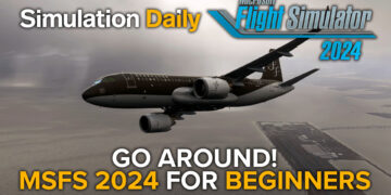 An Airbus A320neo in Starflyer livery performing a missed approach procedure after going around at Kitakyushu Airport in Japan in Microsoft Flight Simulator 2024 with Simulation Daily and MSFS 2024 logos and "Go Around! MSFS 2024 for Beginners" title.