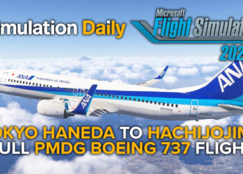 A Boeing 747-800 by PMDG in ANA livery climbing with Yokohama in the background in Microsoft Flight Simulator 2024