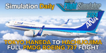 A Boeing 747-800 by PMDG in ANA livery climbing with Yokohama in the background in Microsoft Flight Simulator 2024