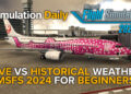 Boeing 737-800 by PMDG in Japan Transocean Air Sakura Jimbee Jet Livery in Kansai Airport in Microsoft Flight Simulator 2024 with MSFS 2024 and Simulation Daily Logos and "Live vs Historical Weather MSFS 2024 for Beginners" title.
